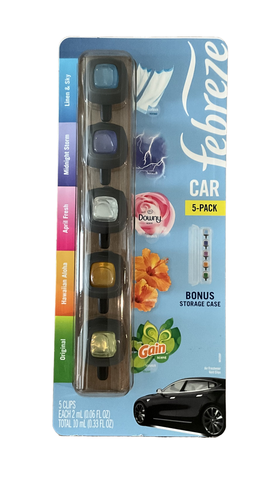 C1 - Febreze Car 5 pack  Original Gain, Hawaiian Aloha, April Fresh, Midnight Storm, Linen Sky